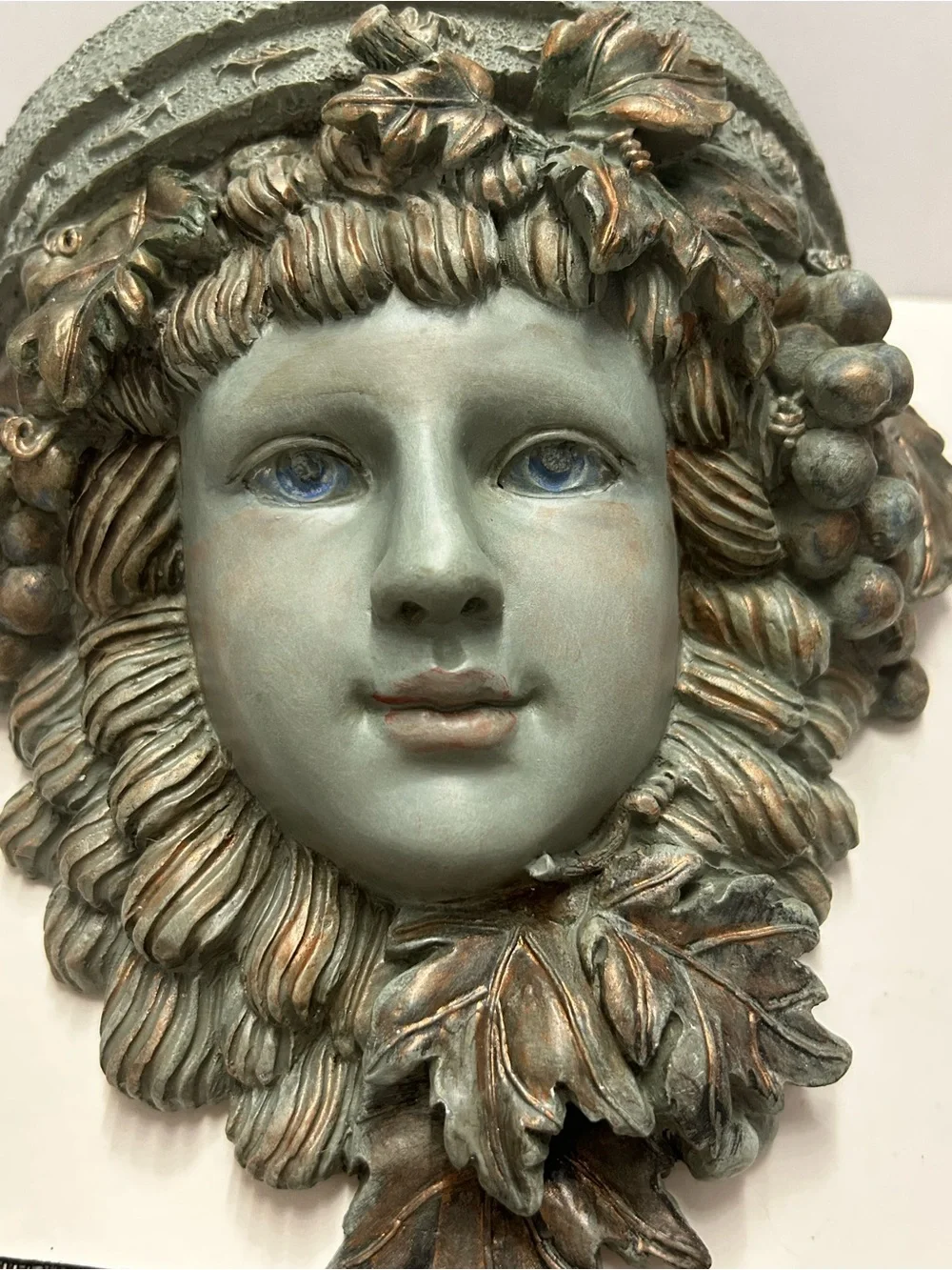 Wall Pocket Planter Face Wine Goddess Dryad Gilded Grapes & Leaves